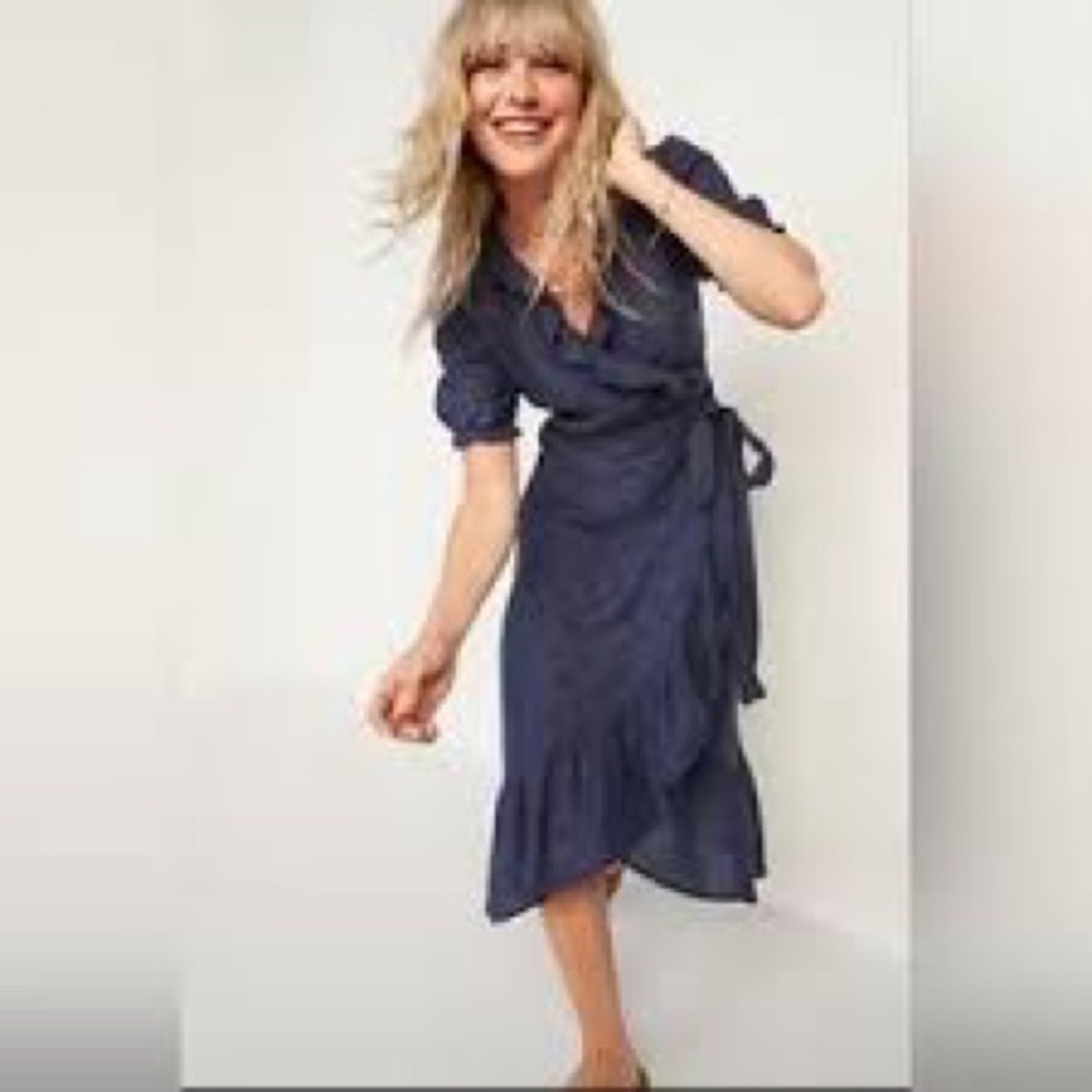 Old Navy Navy Wrap Midi Dress with Ruffle Hem